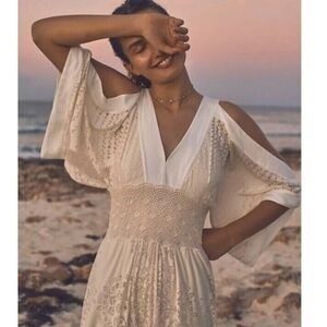 FARM RIO x ANTHROPOLOGIE Solana Boho Angel Stunning Cream Lace Midi Dress EUC S
